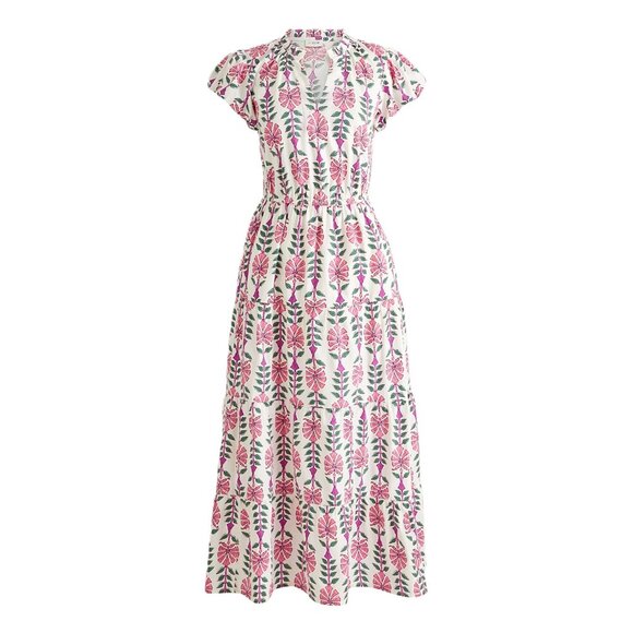 NWT-8-J.Crew Factory Printed V-neck puff-sleeve maxi dress-Ivory Flamingo Multi